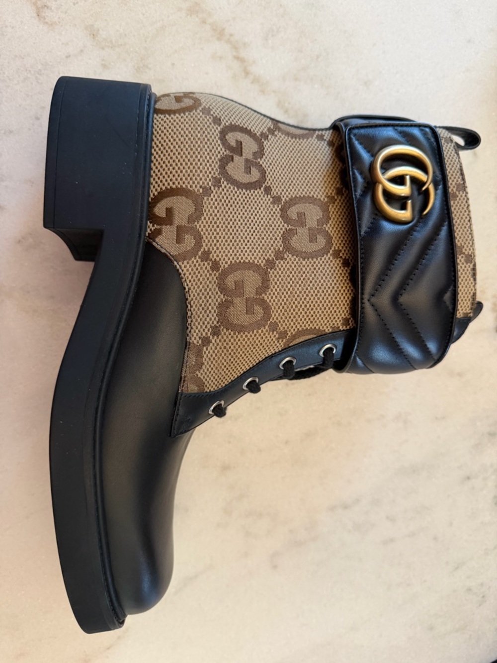 Gucci GG Canvas & Black Leather Ankle Boots with Gold GG Logo.GUCCI Luxury Boots - Picture 8 of 15